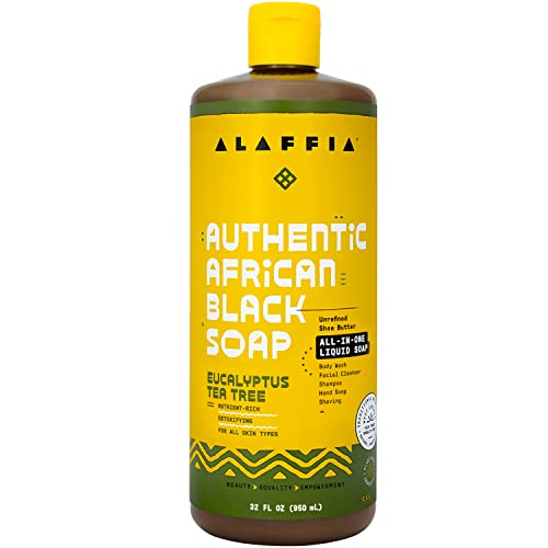 Alaffia Skin Care, Authentic African Black Soap, All in One Body Wash, Face Wash, Shampoo & Shaving Soap with Fair Trade Shea Butter, Eucalyptus Tea Tree, 32 Fl Oz