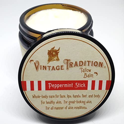 Beef Tallow All Purpose Balm �?Healing, Hydrating Peppermint Oil Skin Care Salve Replaces Body Lotion, Hand Cream, More �?Essential Oil, Olive Oil, and Grass-Fed Tallow by Vintage Tradition, 2 fl. oz.