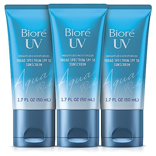 Biore UV Aqua Rich SPF 50 PA++++ Moisturizing Sunscreen for Face, Oxybenzone & Octinoxate Free, Dermatologist Tested, Vegan, Cruelty Free, For Sensitive Skin, 1.7 Oz, Pack of 3