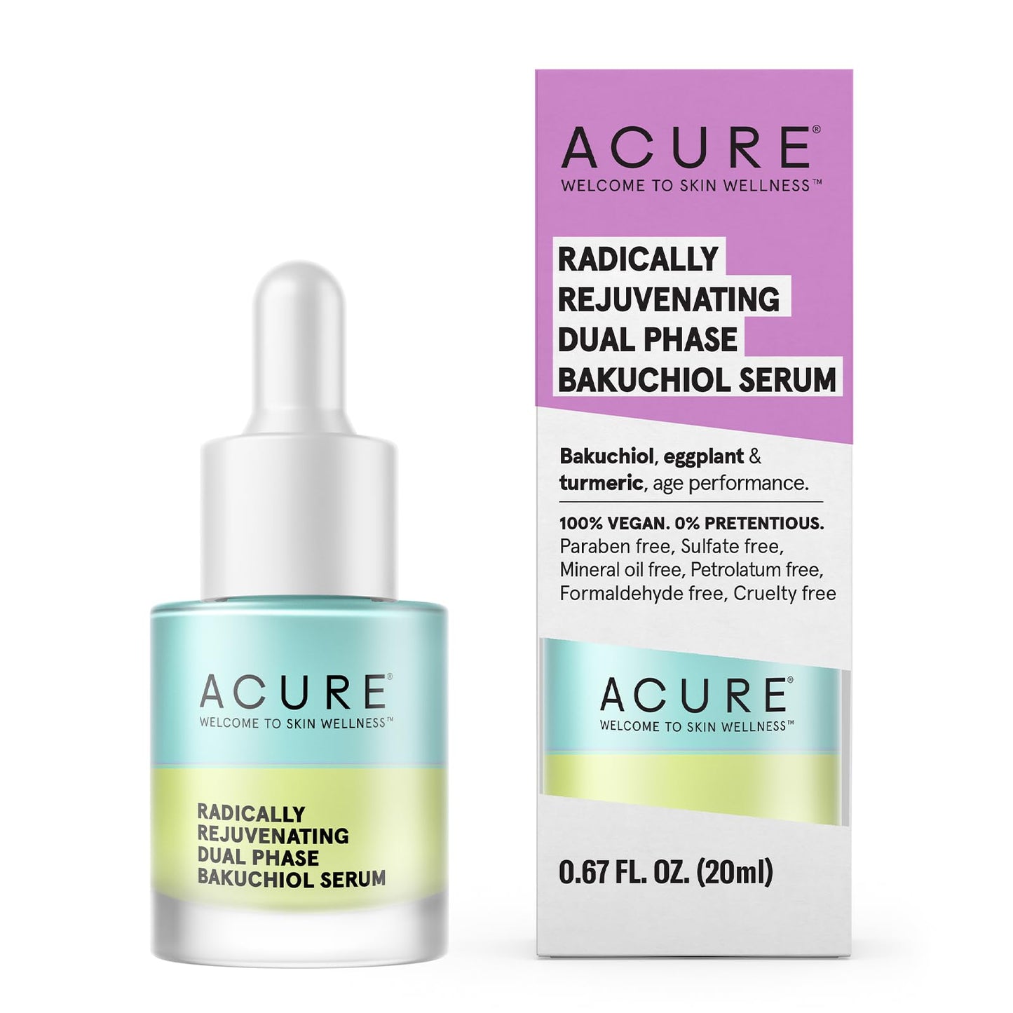 Acure Radically Rejuvenating Dual Phase Bakuchiol Serum - Anti-Aging & Soothing Skin Support - All Natural Made with Eggplant, Turmeric & Bakuchiol - Vegan Skin Care, Hydrates & Defends - 0.67 oz
