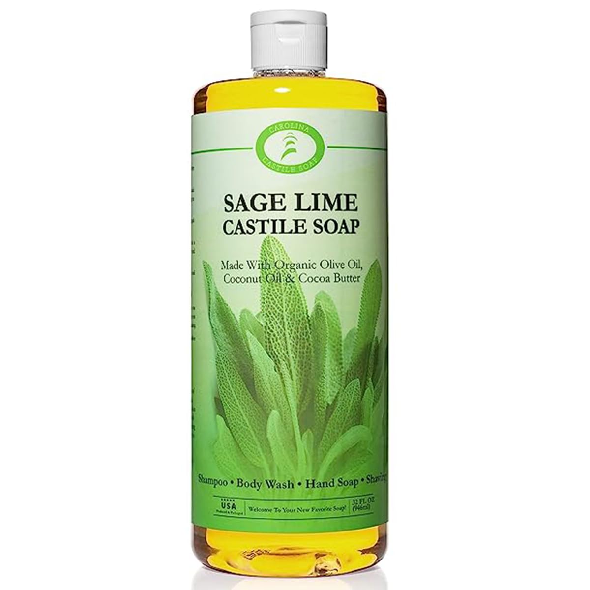 Carolina Sage Lime Castile Soap Liquid �?Skin-Softening Olive Oil Soap Organic Body Wash �?Pure Castile Soap Sage Lime Liquid Soap �?Vegan Castile Soap Liquid (Sage Lime, 32 ounces)