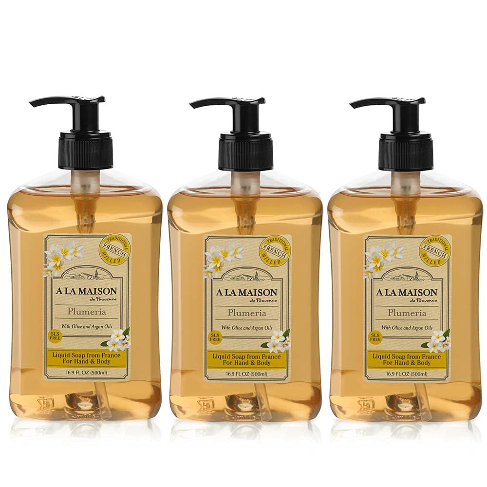 A LA MAISON Plumeria Liquid Hand Soap - Triple French Milled Natural Moisturizing Soap (Pack of 3, 16.9 oz Bottle)