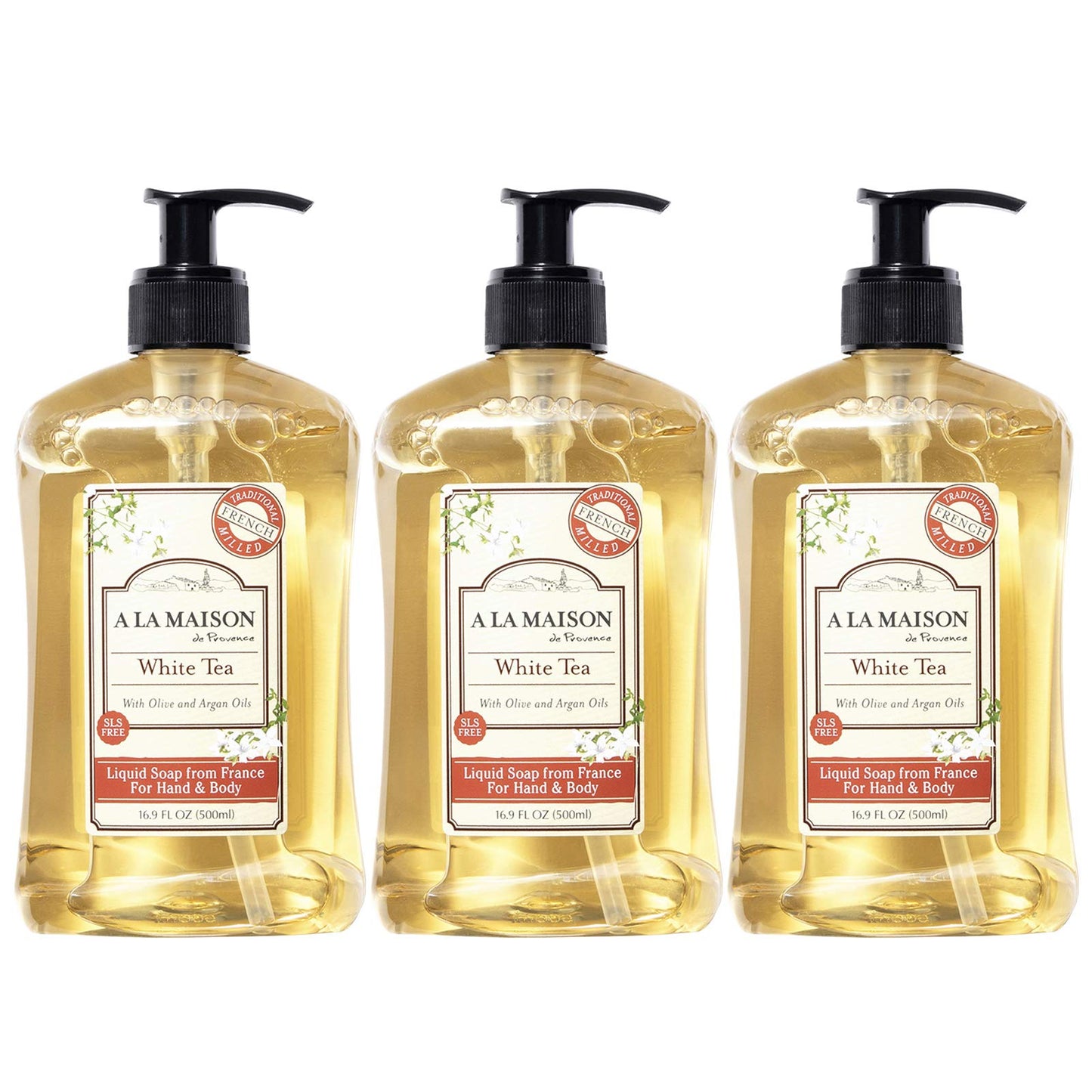 A LA MAISON Liquid Soap, White Tea - Uses: Hand and Body, Triple Milled, Essential Oils, Biodegradable, Plant Based, Vegan, Cruelty-Free, Alcohol & Paraben Free (16.9 oz, 3 Pack)