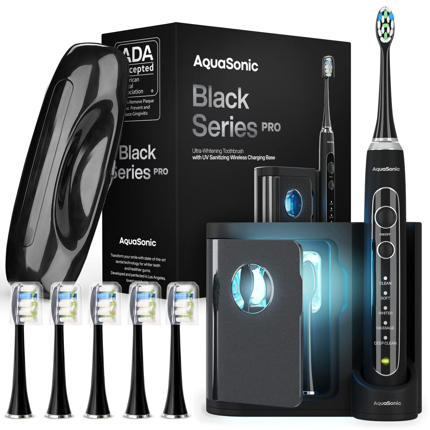 Aquasonic Black Series PRO �?Ultra Whitening Toothbrush w UV Sanitizing Base �?5 Modes & Smart Timers �?Premium Travel Case �?Power Toothbrush �?ADA Approved Toothbrush