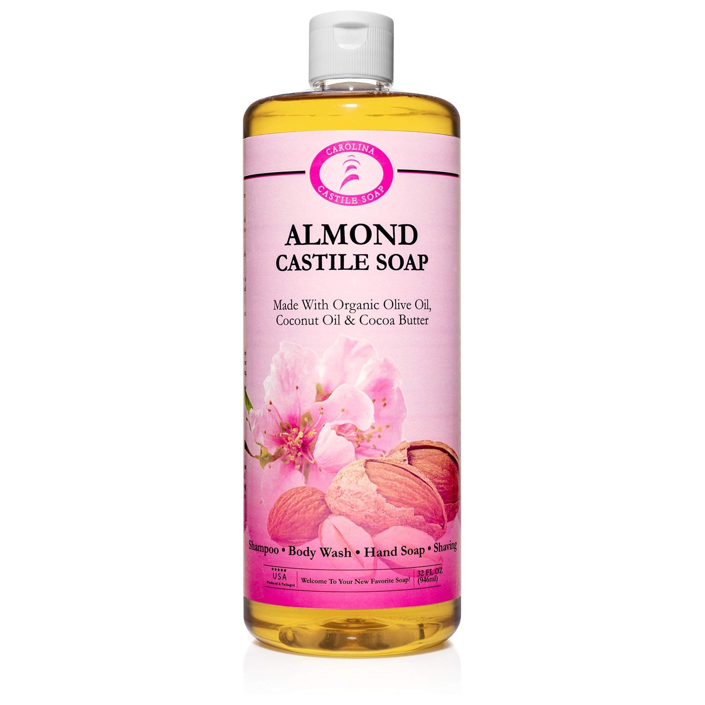 Carolina Almond Castile Soap Liquid �?Skin-Softening Olive Oil Soap Organic Body Wash �?Pure Castile Soap Almond Liquid Soap �?Vegan Castille Soap Liquid (Almond, 32 ounces)