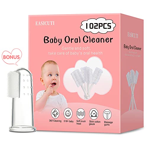 102PCS Baby Tongue Cleaner,Baby Oral Cleaner Newborn Baby Toothbrush,Disposable Infant Toothbrush Clean Baby Mouth,Gauze Gum Cleaner Stick Dental Care for 0-36 Month Baby+1 Finger Toothbrush with Case