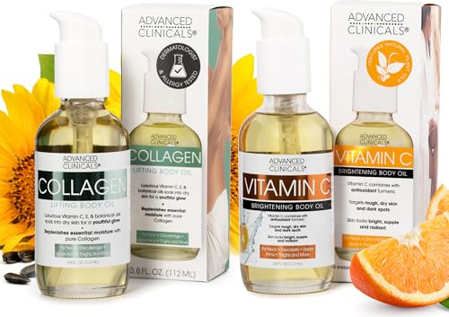 Advanced Clinicals Collagen Lifting Body Oil + Vitamin C Brightening Body Oil Moisturizer Skin Care Set - Nourishing, Brightening, & Firming Body Oil To Improve Look Of Sagging Skin, 2PC Bundle