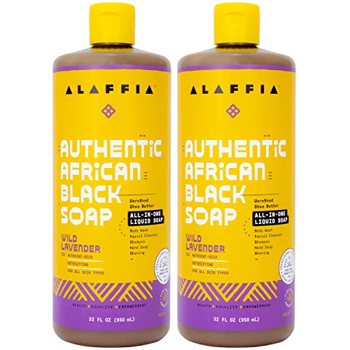 Alaffia Skin Care, Authentic African Black Soap, All in One Liquid Soap, Moisturizing Face Wash, Sensitive Skin Body Wash, Shampoo, Shaving Soap, Shea Butter, Wild Lavender, (2 Pack - 32 Fl Oz)