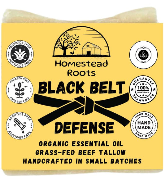-Black Belt Defense- USA Made Bar Soap for All Combat Athletes & Sport Enthusiasts - Potent Odor Defense- Unique blend of 7 Organic Essential Oils �?Grass-Fed Beef Tallow and Organic Oils