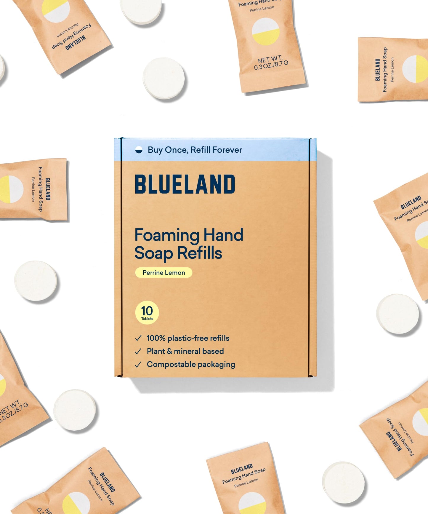 BLUELAND Foaming Hand Soap Tablet Refills - 10 Pack | Eco Friendly Products & Cleaning Supplies | Perrine Lemon Scent | Makes 10 x 9 Fl oz bottles (90 Fl oz total)