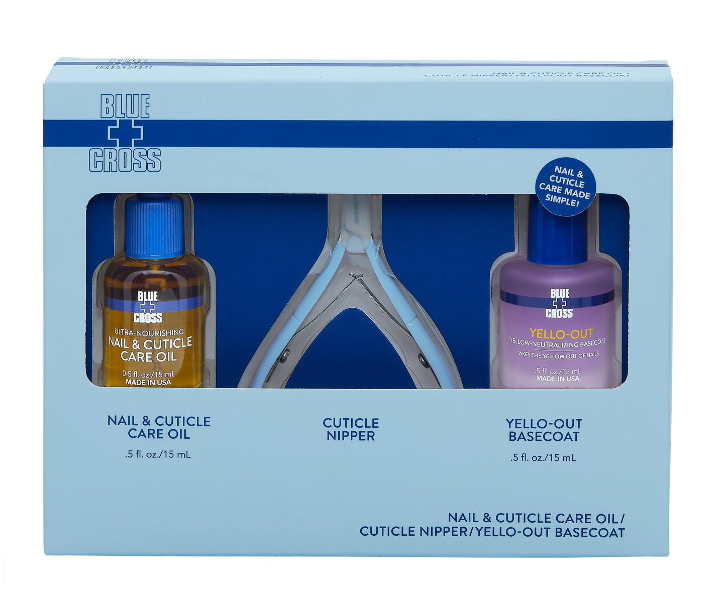 Blue Cross Professional Nail Care 3 Pack Gift Set, Yello Out Yellow-Neutralizing Basecoat (0.5oz), All Natural Mineral Oil Free, Hydrating Moisturizing Nail + Cuticle Oil (0.5oz), Cuticle Nipper Tool