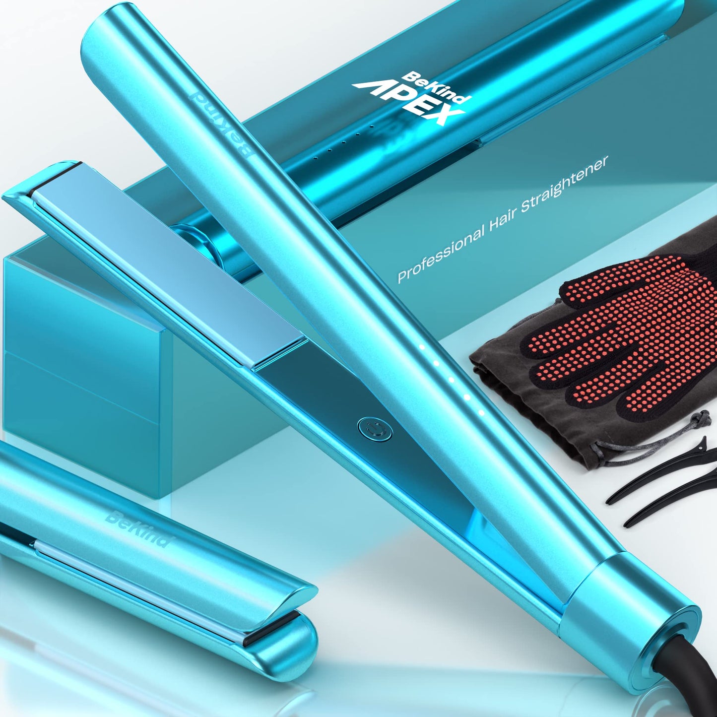 Bekind Apex 2-in-1 Hair Straightener Flat Iron | 1�?450°F Straightener & Curler for All Hairstyles | UltraSmooth Tech | 15s Fast Heating & Temp Memory | 30-in-1 Gift Set for Girls Women (Crystal Blue)