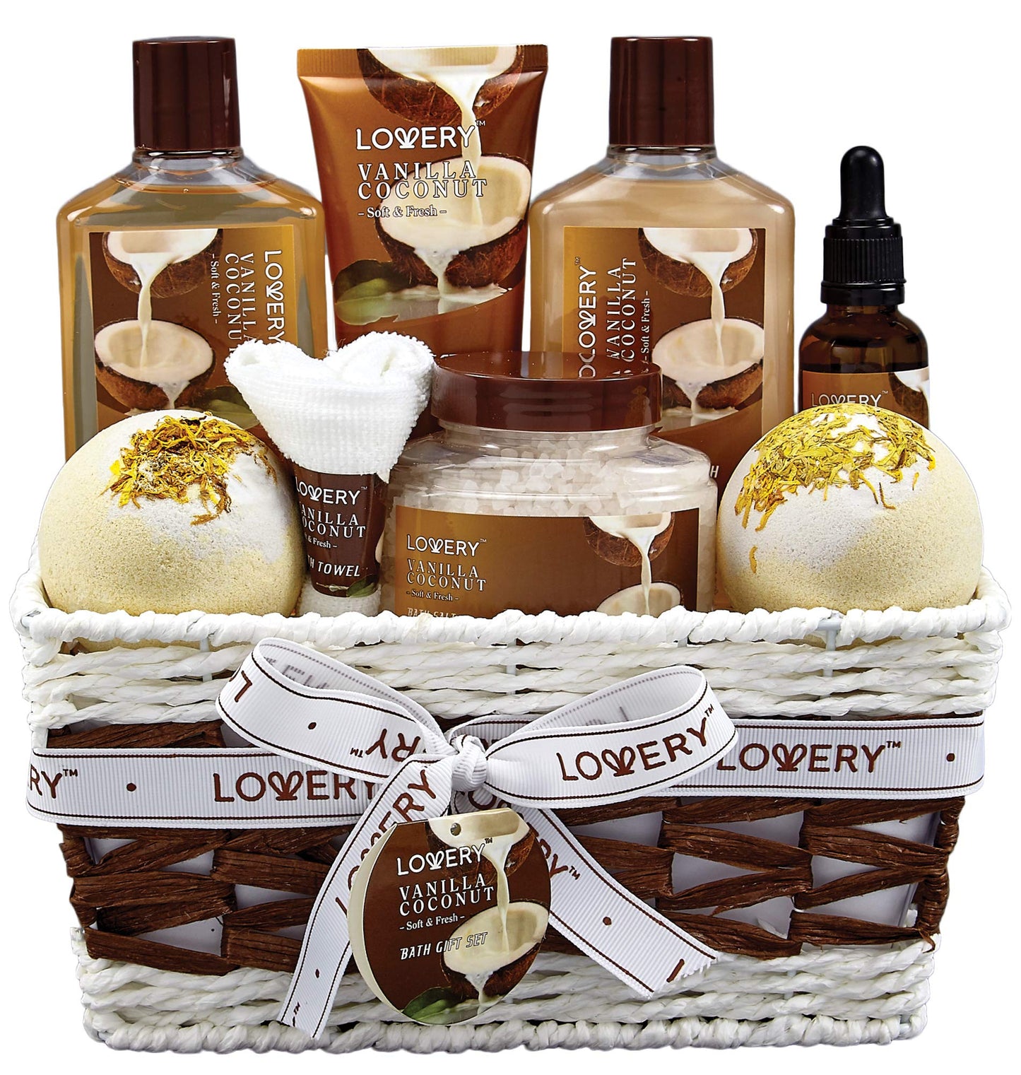 Bath and Body Gift Basket For Women and Men �?9 Piece Set of Vanilla Coconut Home Spa Set, Includes Fragrant Lotions, Extra Large Bath Bombs, Coconut Oil, Luxurious Bath Towel & More